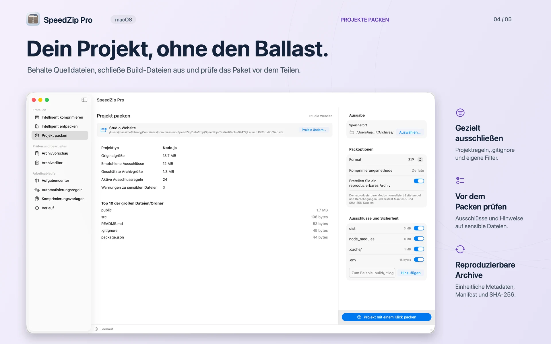 SpeedZip Pro · macOS · PROJEKTE PACKEN