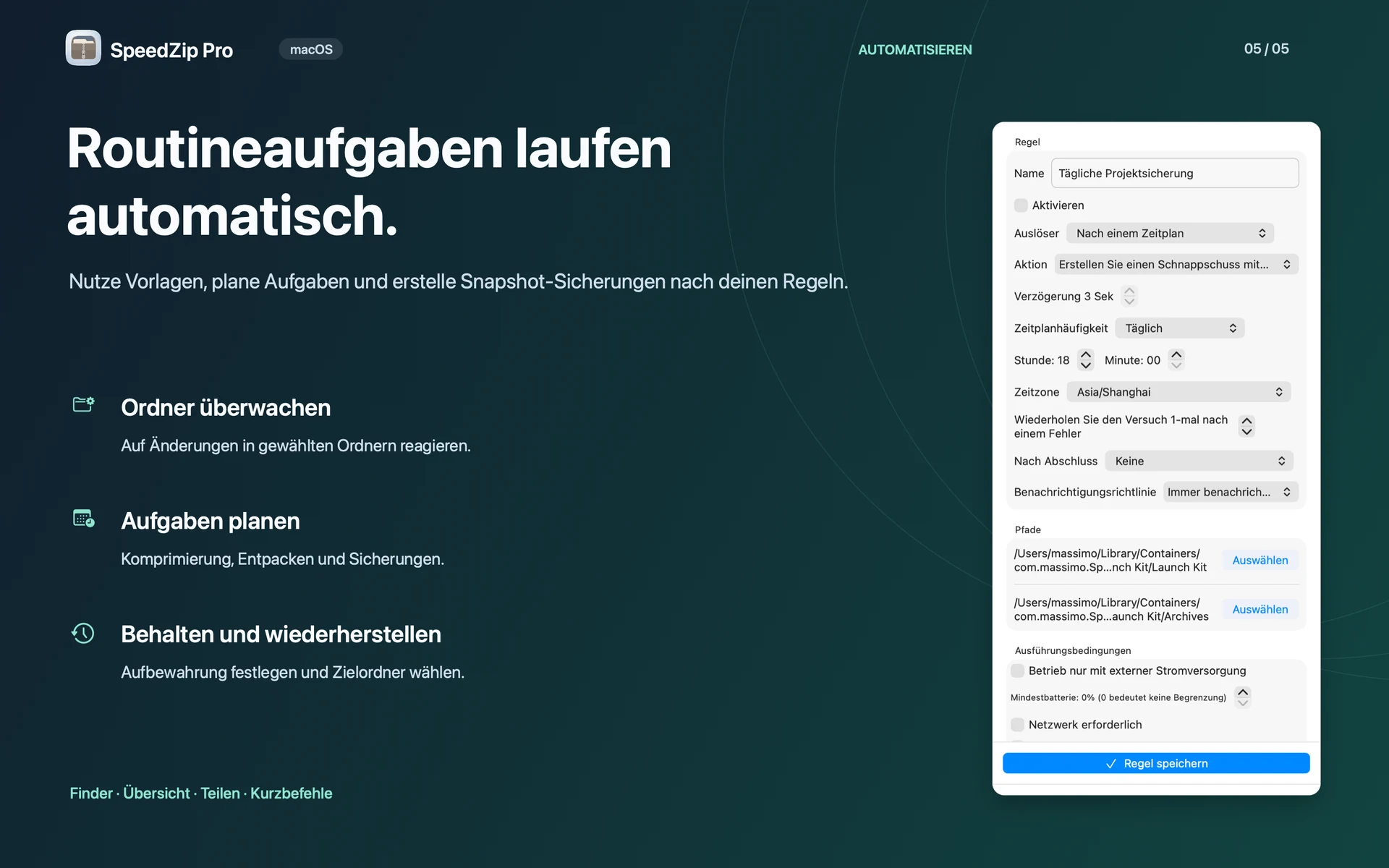 SpeedZip Pro · macOS · WIEDERVERWENDEN UND AUTOMATISIEREN