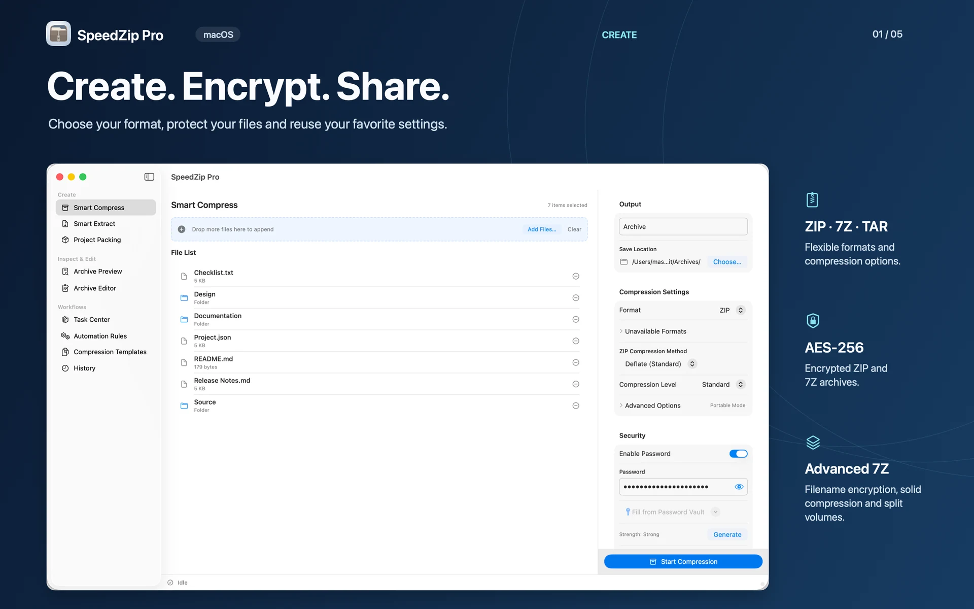 SpeedZip Pro · macOS · CREATE AND PROTECT