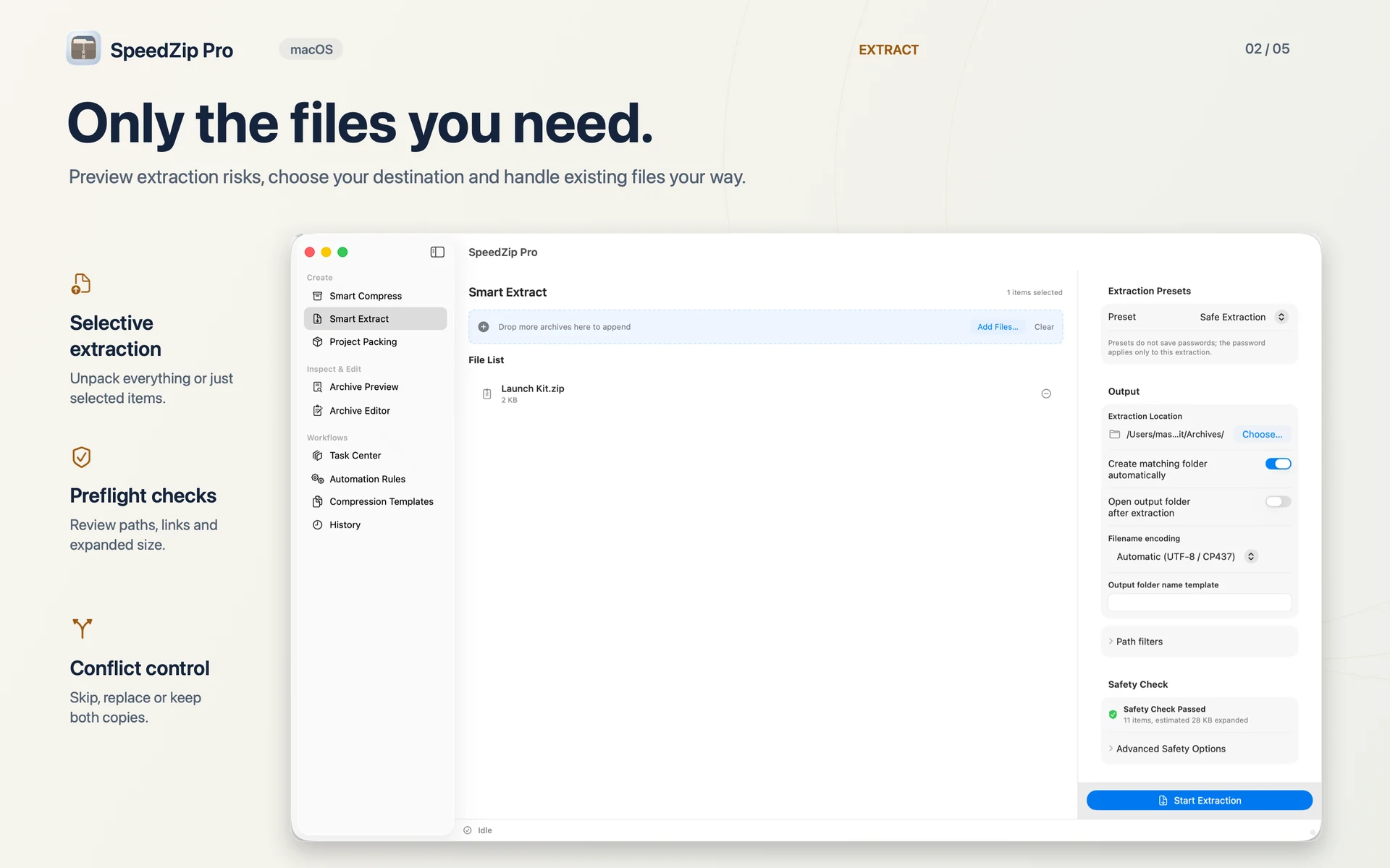 SpeedZip Pro · macOS · EXTRACT WITH CONTROL