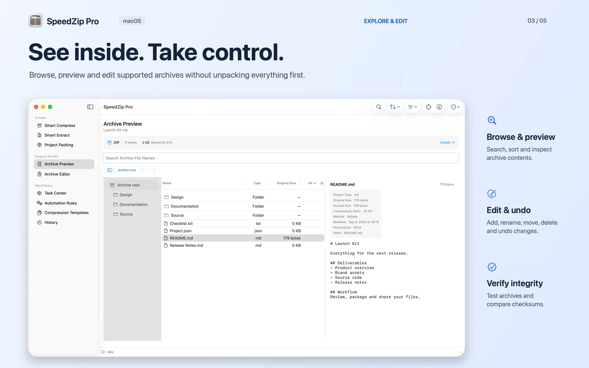 SpeedZip Pro · macOS · BROWSE, EDIT AND VERIFY