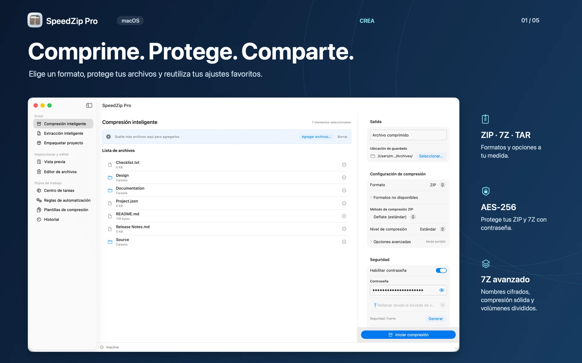 SpeedZip Pro · macOS · CREA Y PROTEGE