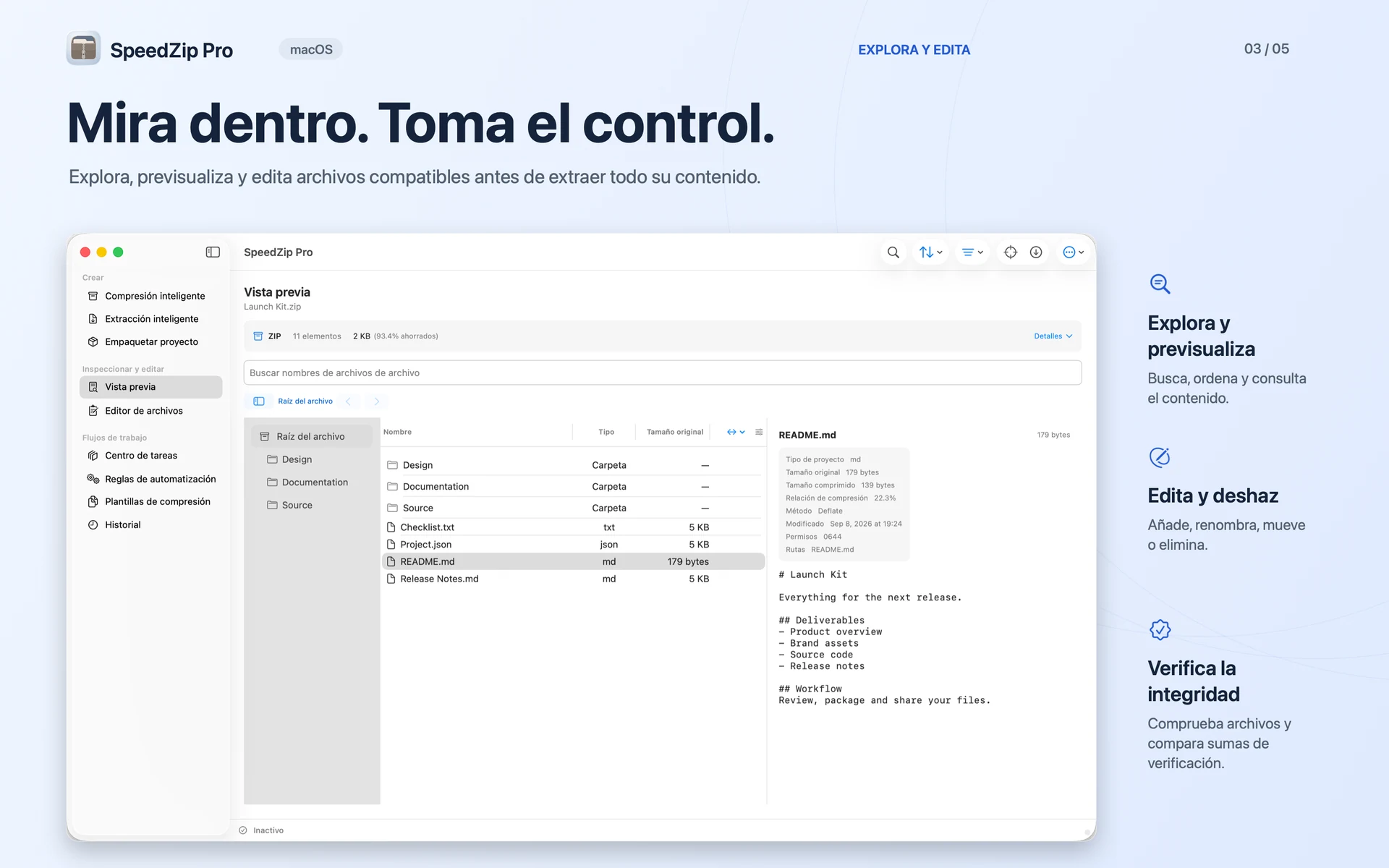 SpeedZip Pro · macOS · EXPLORA, EDITA Y VERIFICA