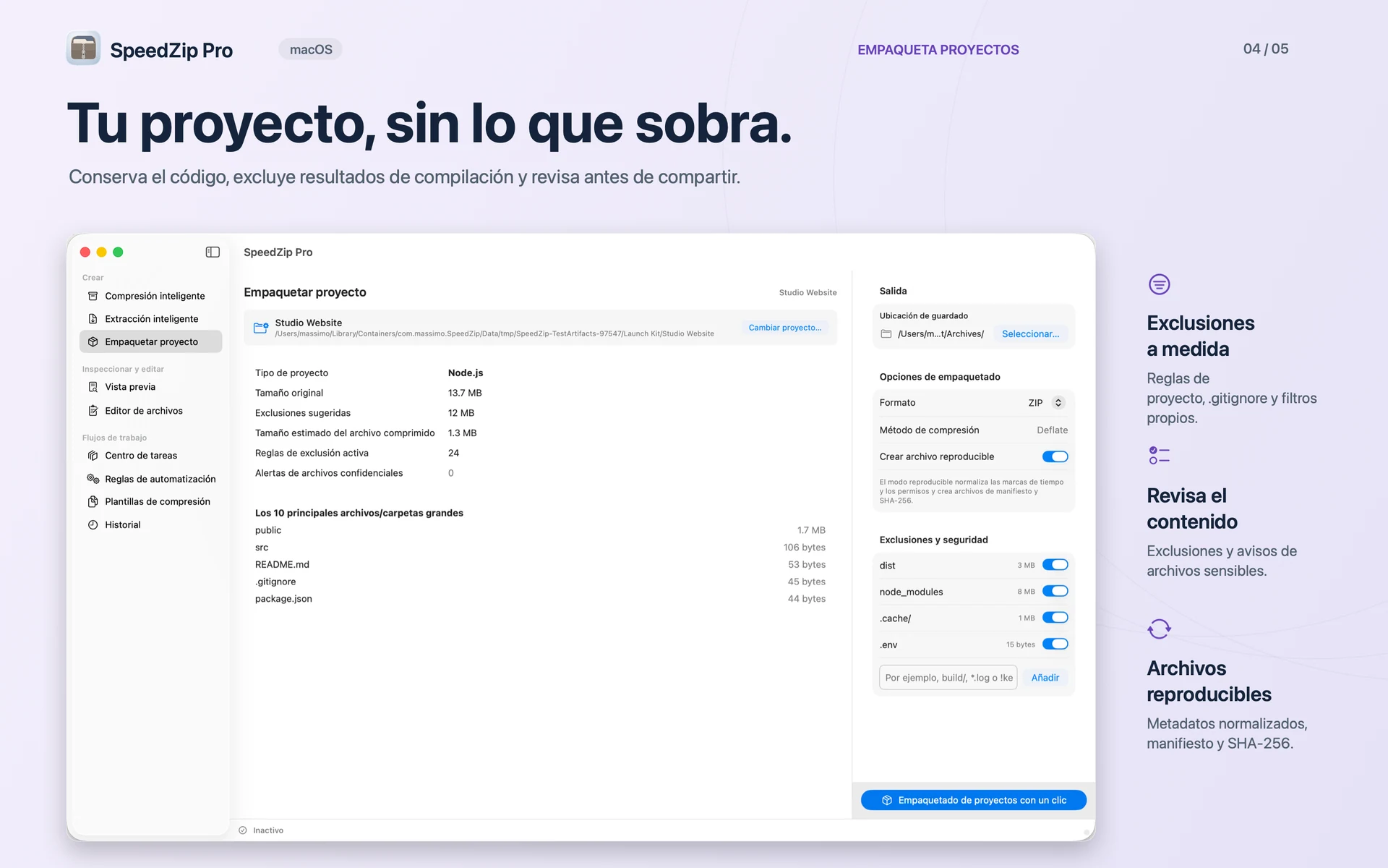 SpeedZip Pro · macOS · EMPAQUETA PROYECTOS