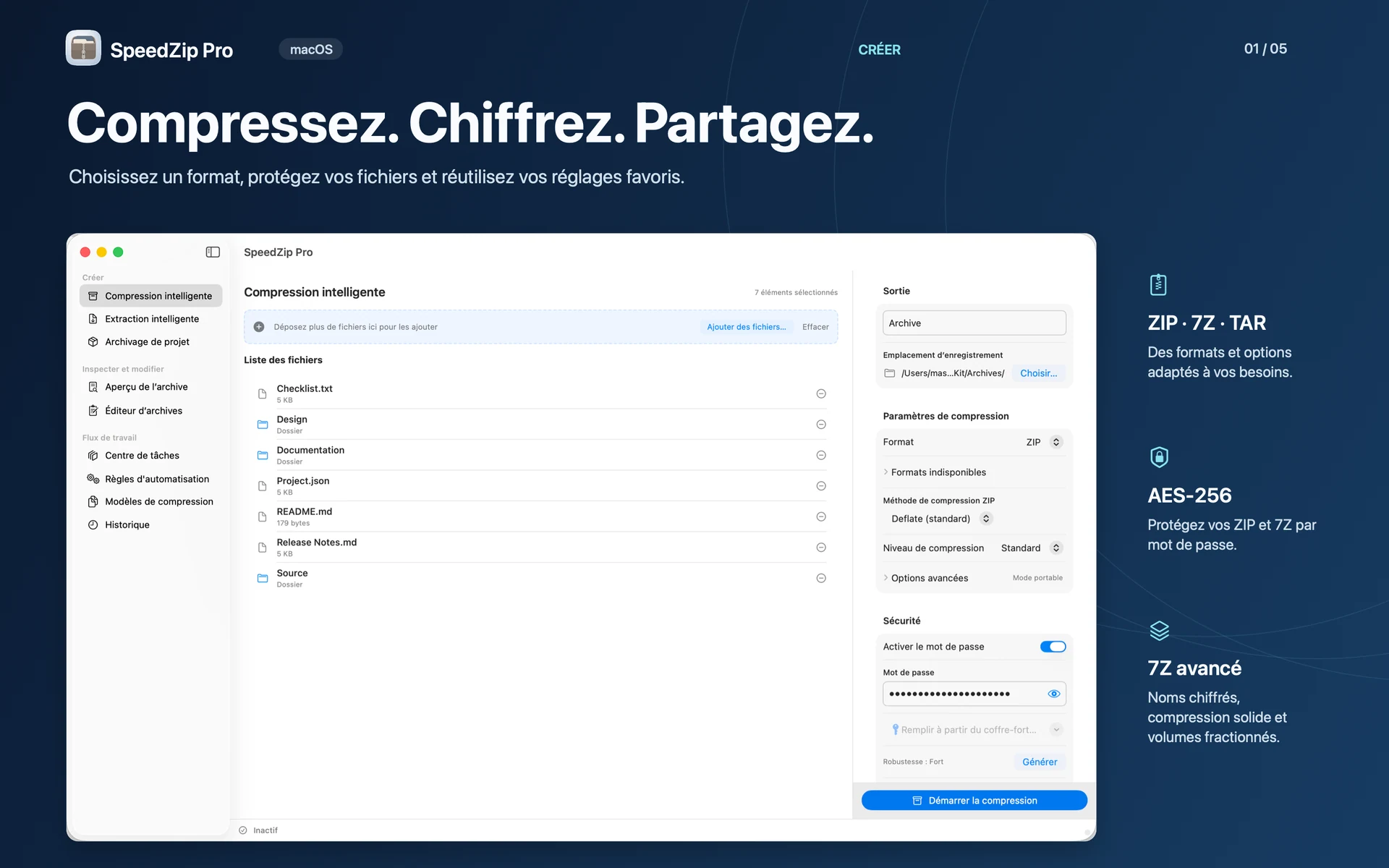 SpeedZip Pro · macOS · CRÉER ET PROTÉGER