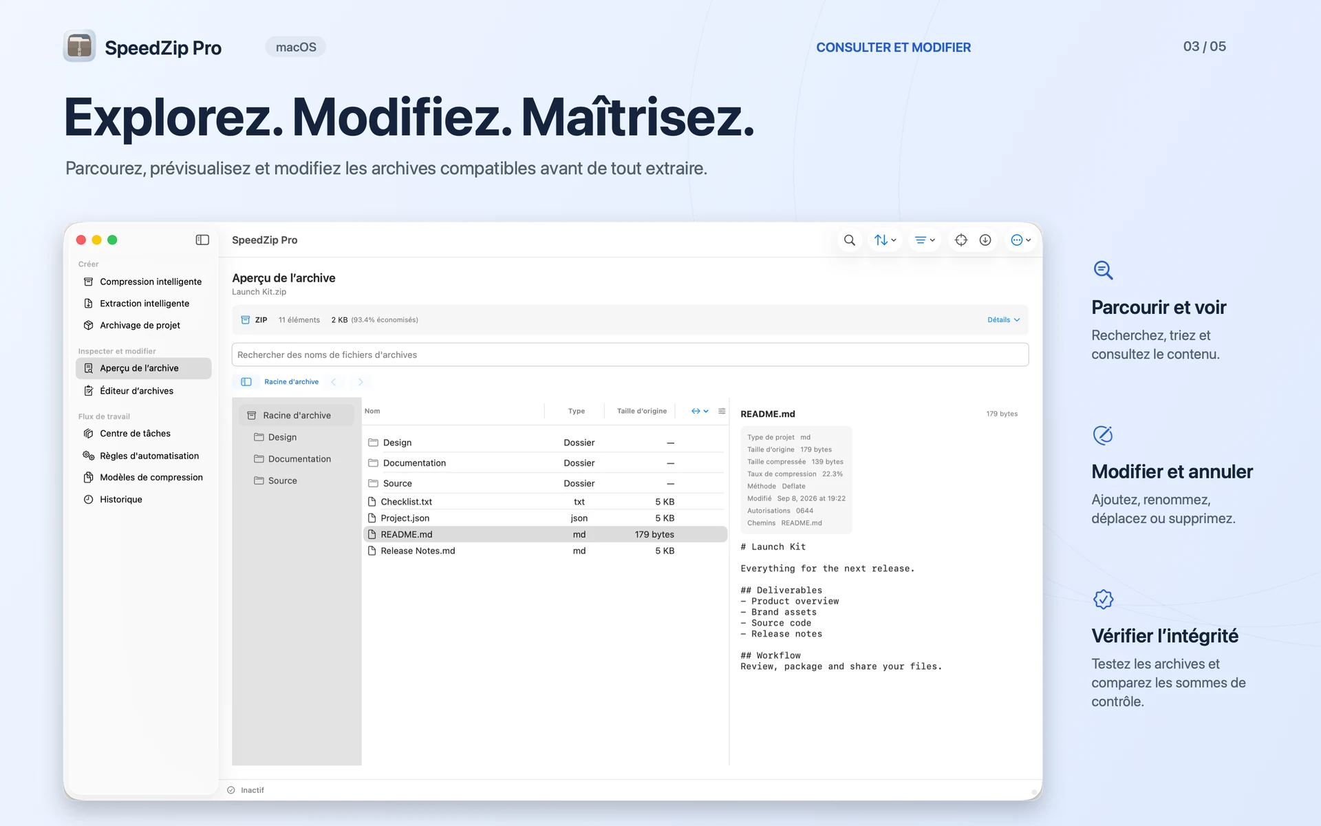 SpeedZip Pro · macOS · CONSULTER, MODIFIER ET VÉRIFIER