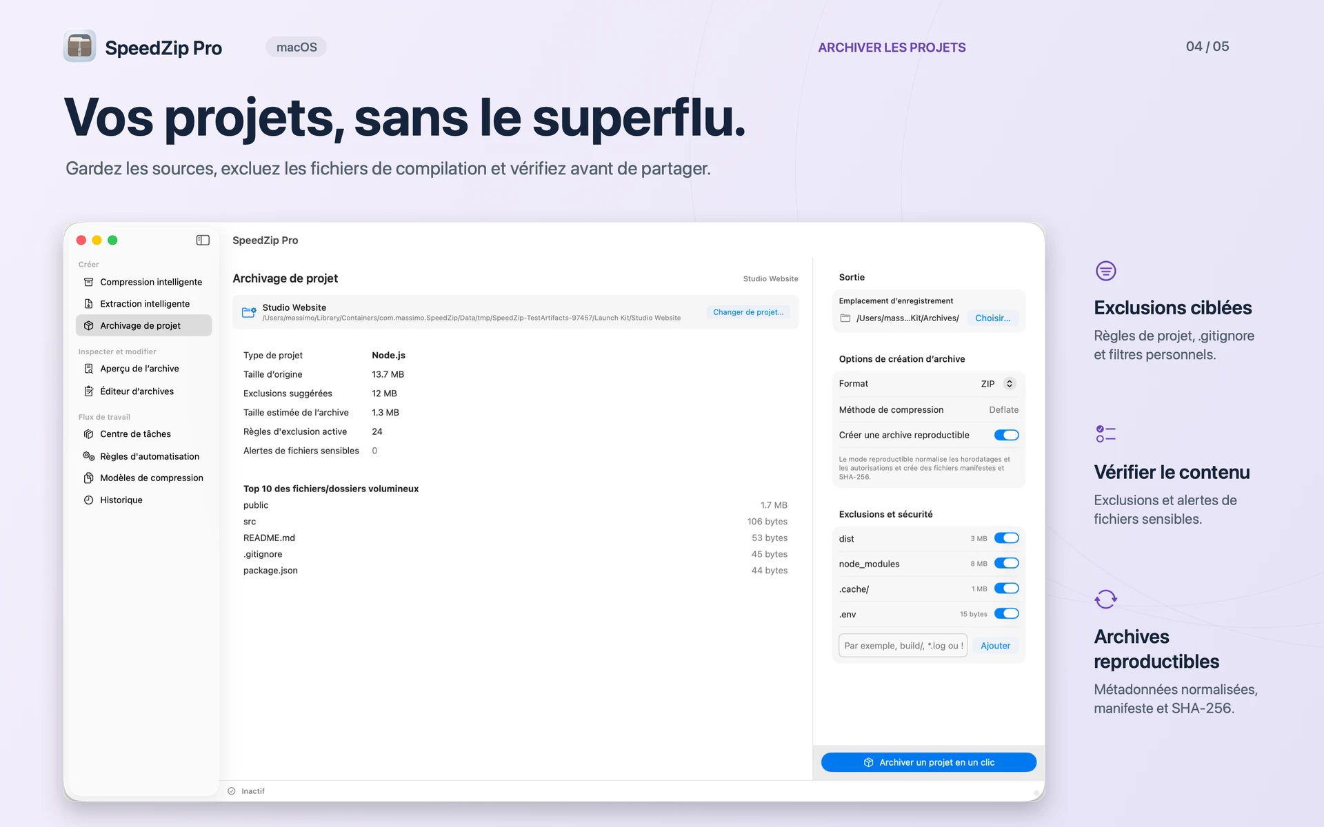 SpeedZip Pro · macOS · ARCHIVER VOS PROJETS