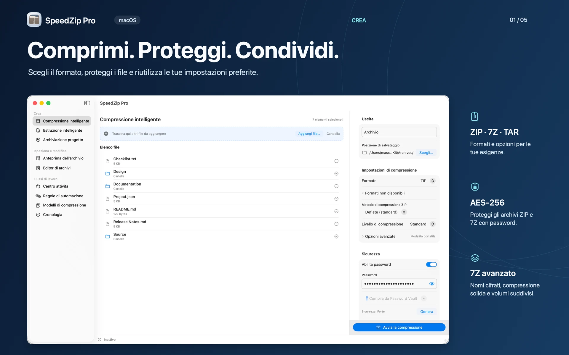 SpeedZip Pro · macOS · CREA E PROTEGGI