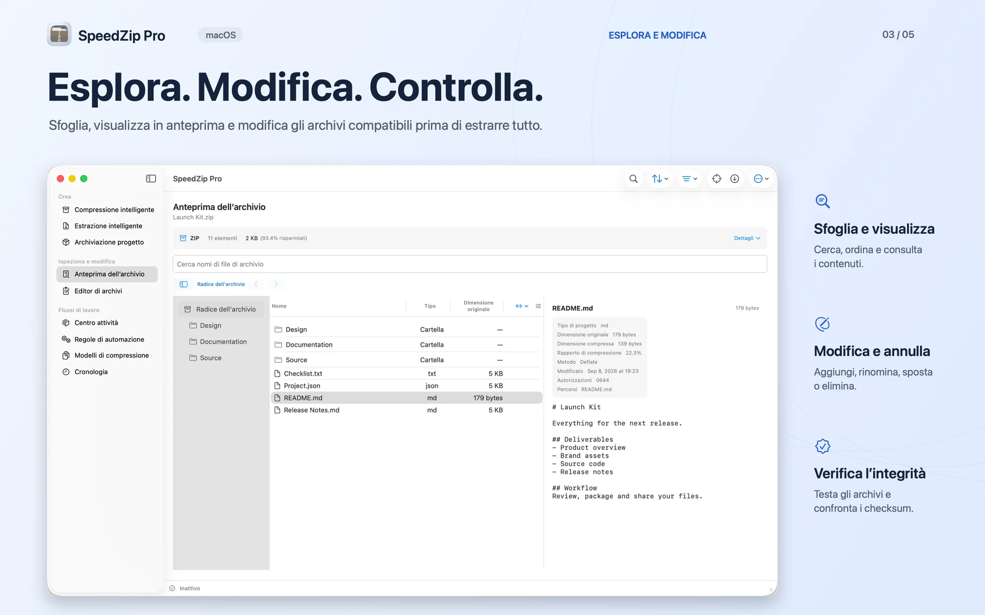 SpeedZip Pro · macOS · ESPLORA, MODIFICA E VERIFICA