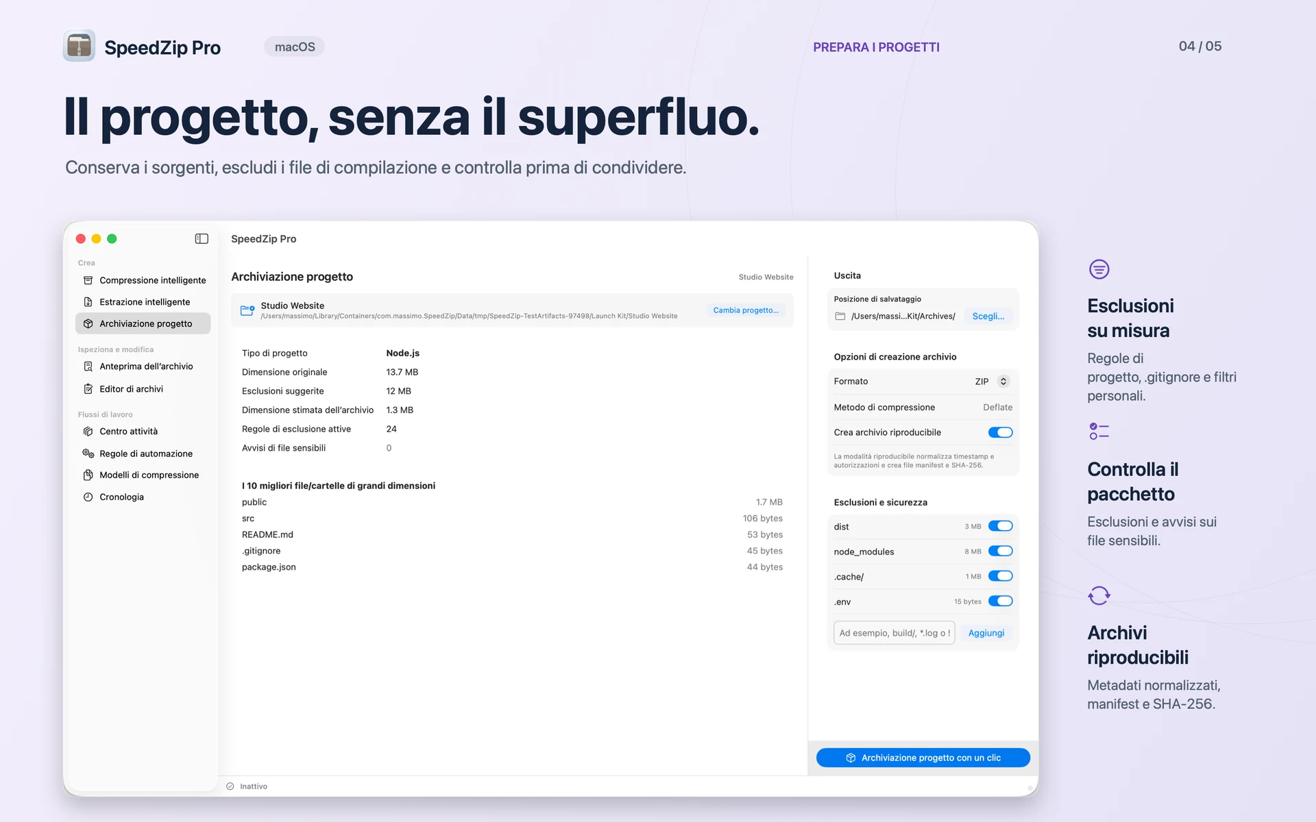 SpeedZip Pro · macOS · PREPARA I PROGETTI