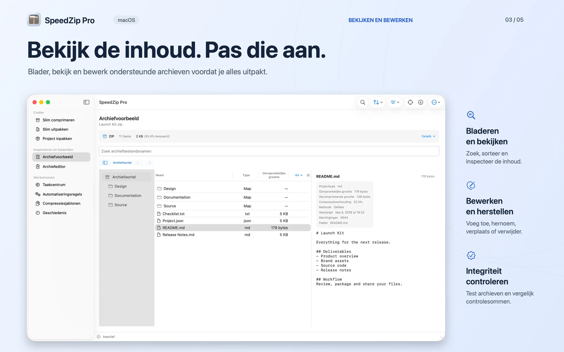 SpeedZip Pro · macOS · BEKIJKEN, BEWERKEN EN CONTROLEREN