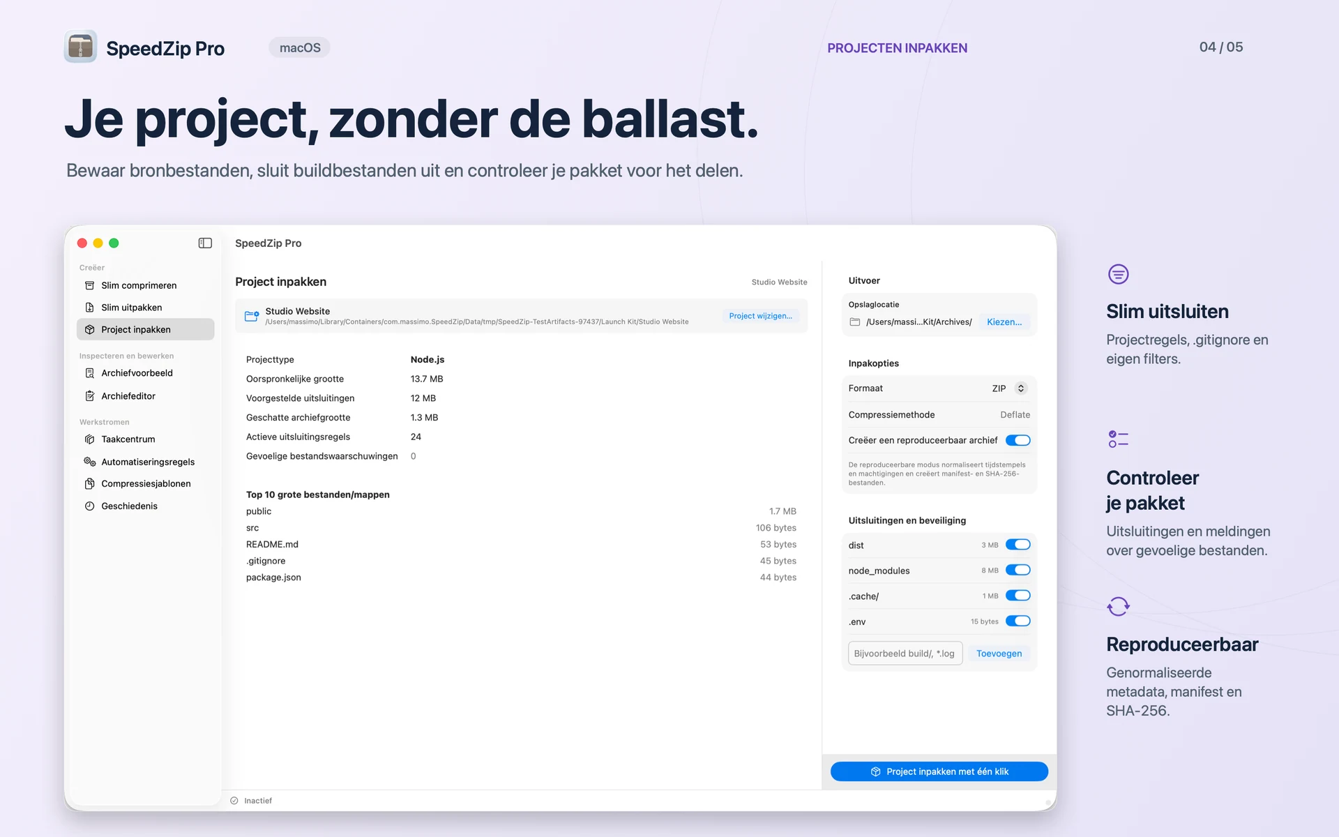 SpeedZip Pro · macOS · PROJECTEN INPAKKEN