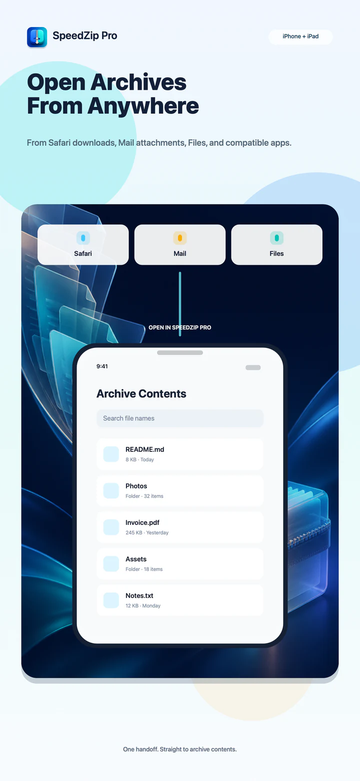 SpeedZip Pro 1.1 opening archives from Safari, Mail, and Files on iPhone