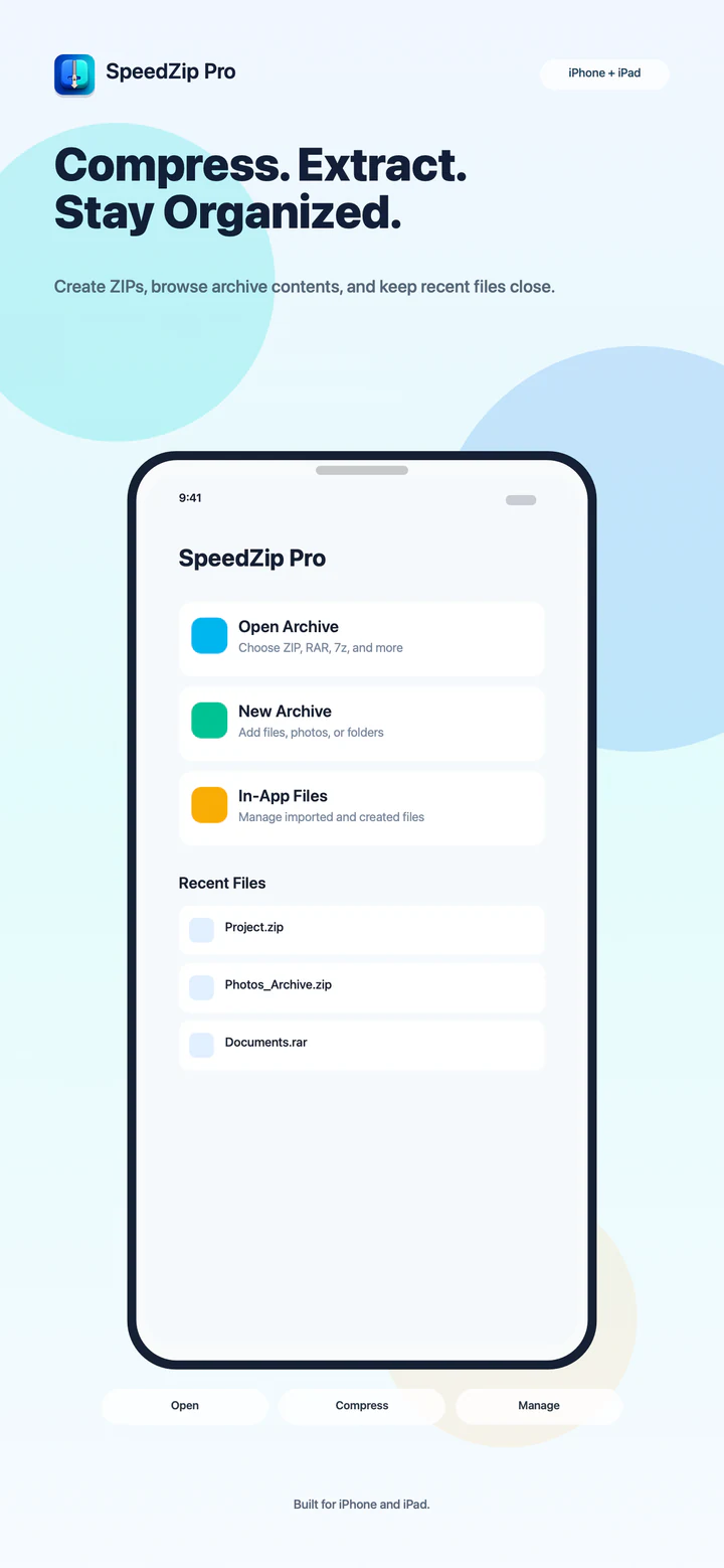 SpeedZip Pro archive creation, extraction, and recent files on iPhone