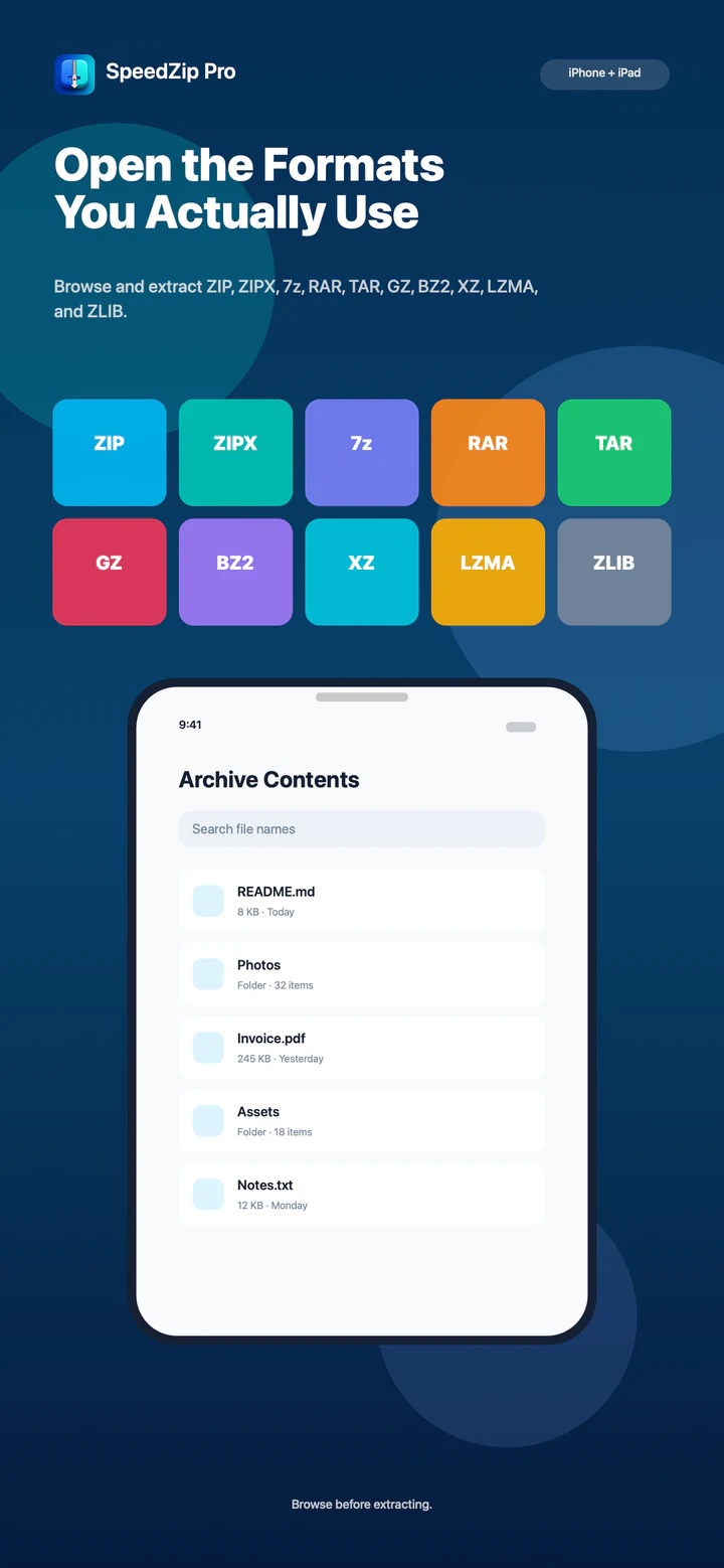 Archive formats supported by SpeedZip Pro on iPhone and iPad