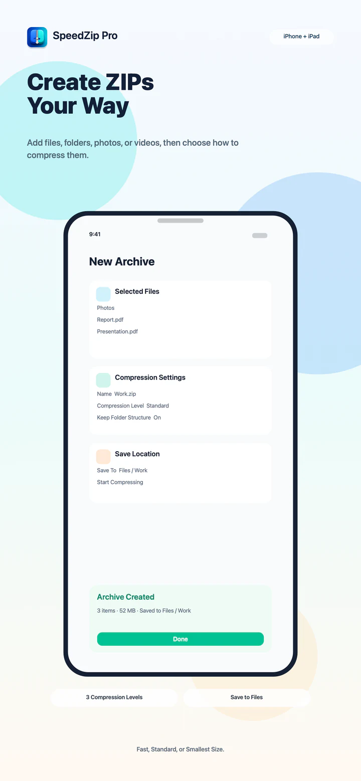 SpeedZip Pro creating a ZIP from files, folders, photos, and videos