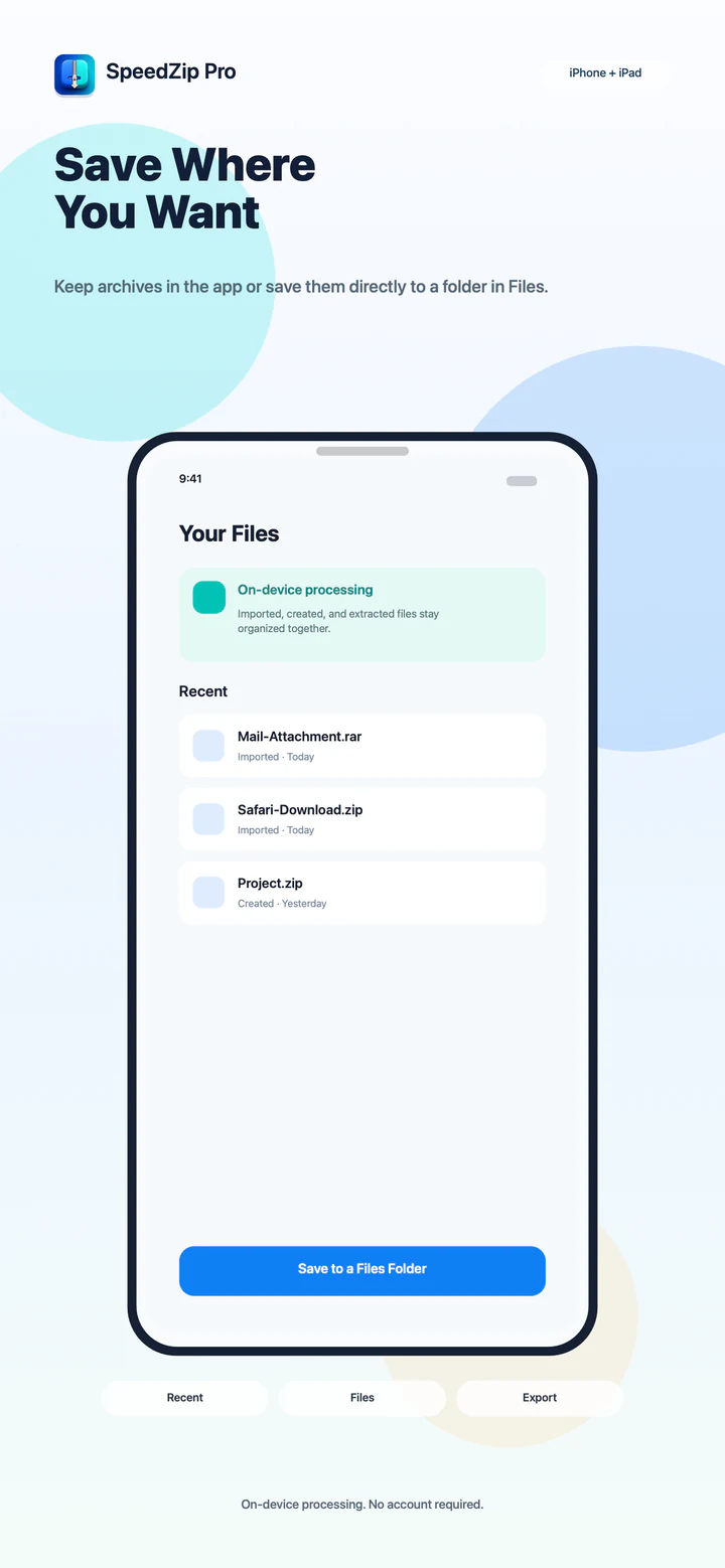 SpeedZip Pro saving and organizing archives in Files