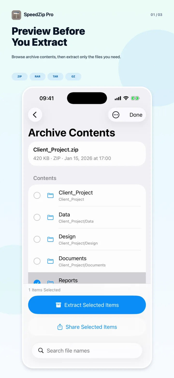 SpeedZip Pro 1.3 previewing archive contents before extraction on iPhone