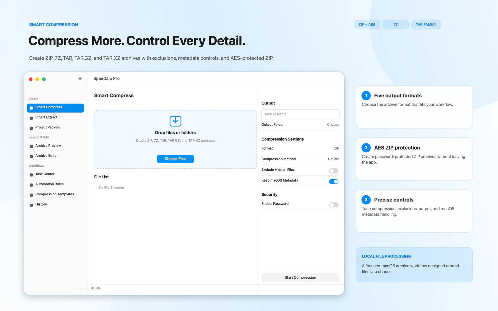 SpeedZip Pro controls for archive format, AES protection, exclusions, and output on Mac