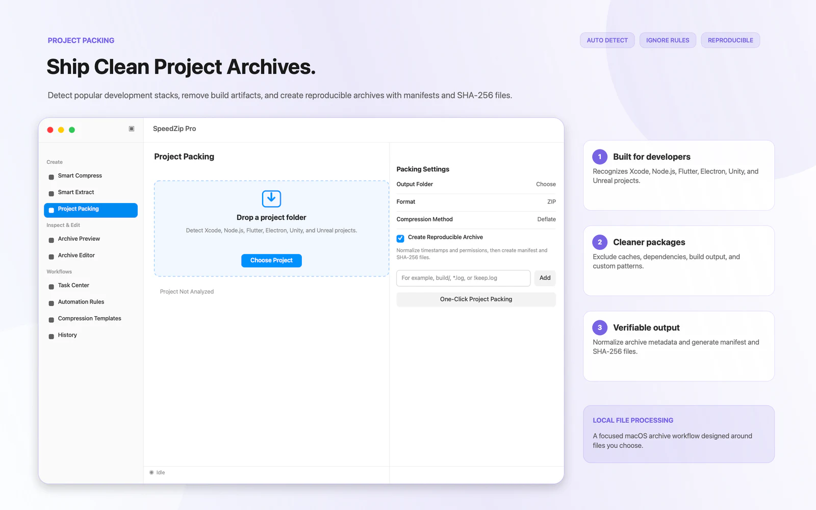 SpeedZip Pro project packing with exclusions and reproducible manifests