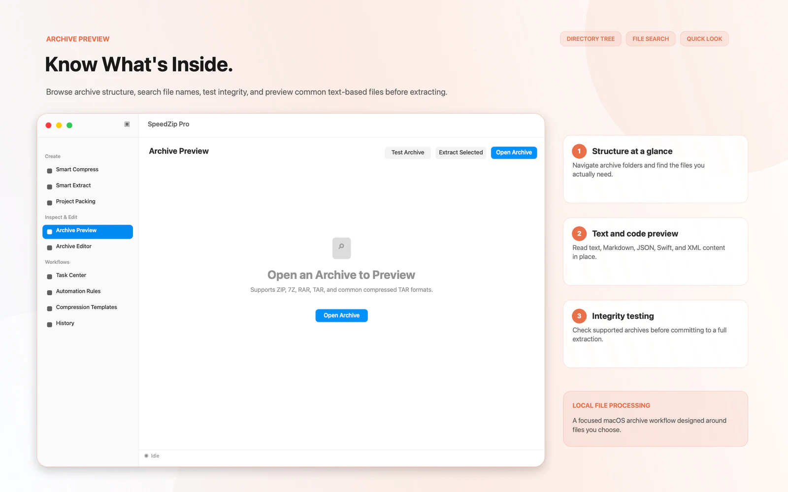 SpeedZip Pro archive tree, search, integrity testing, and content preview