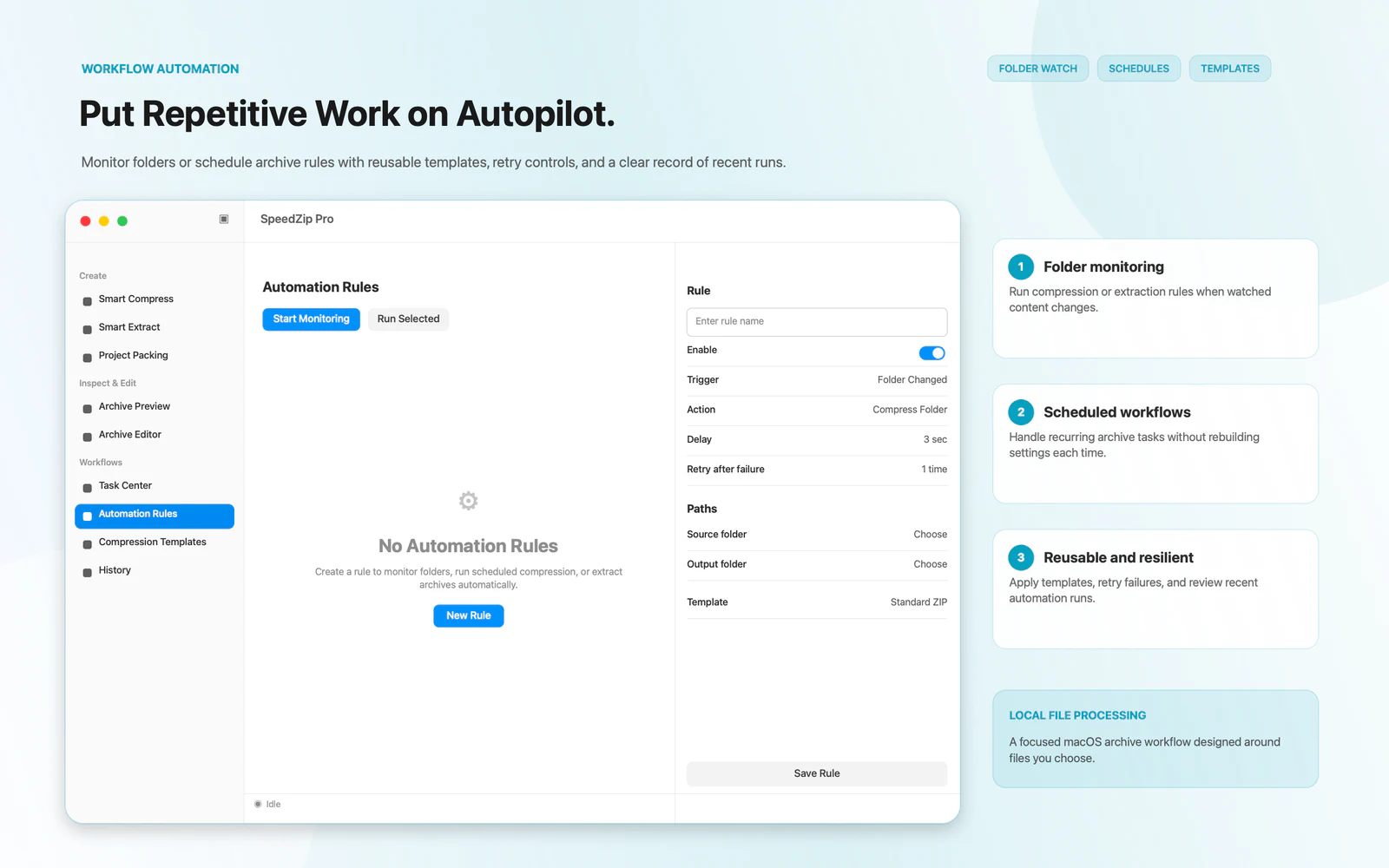 SpeedZip Pro batch tasks, templates, automation rules, Finder actions, and history