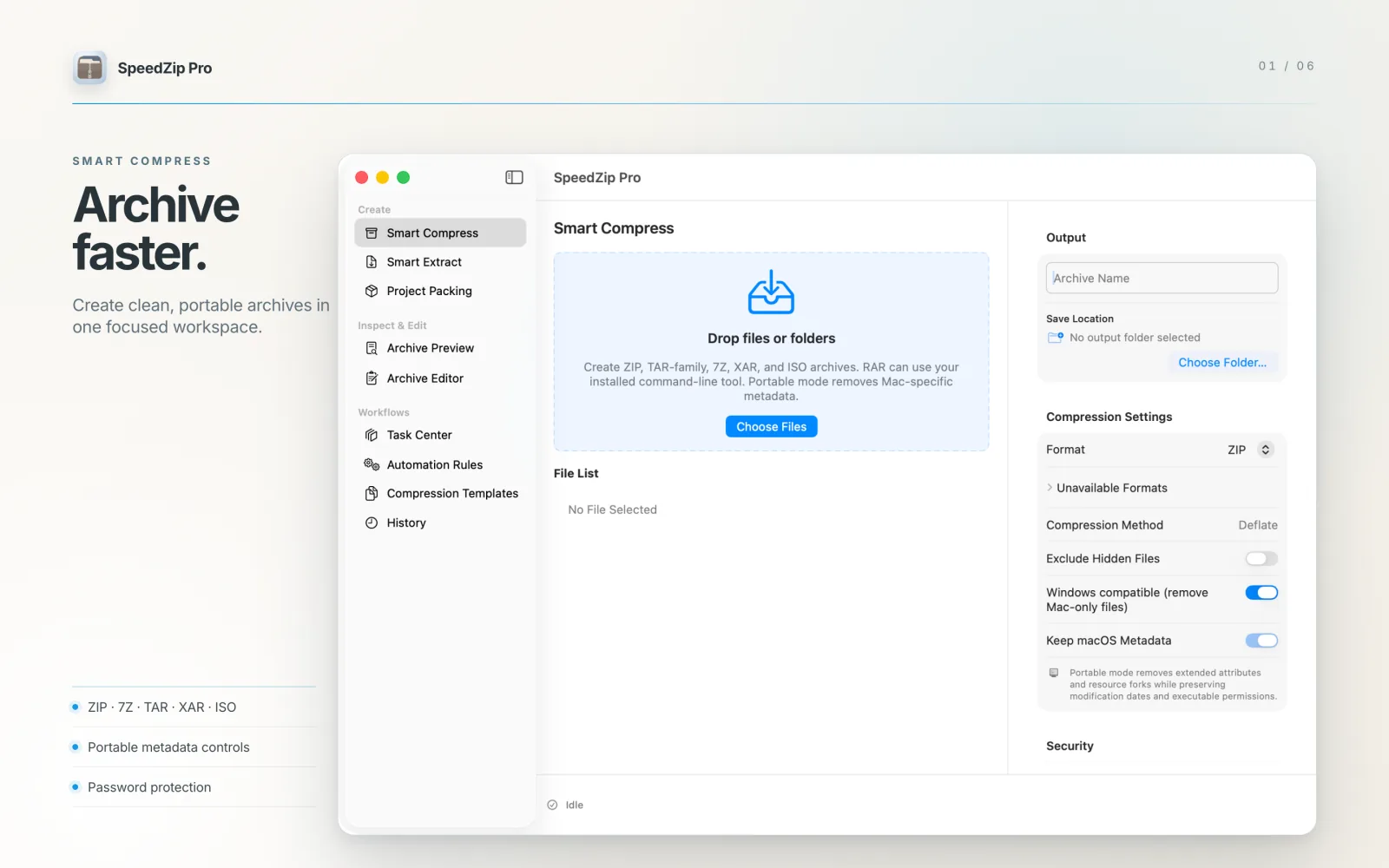 SpeedZip Pro 1.3 Smart Compress workspace for creating portable archives on macOS