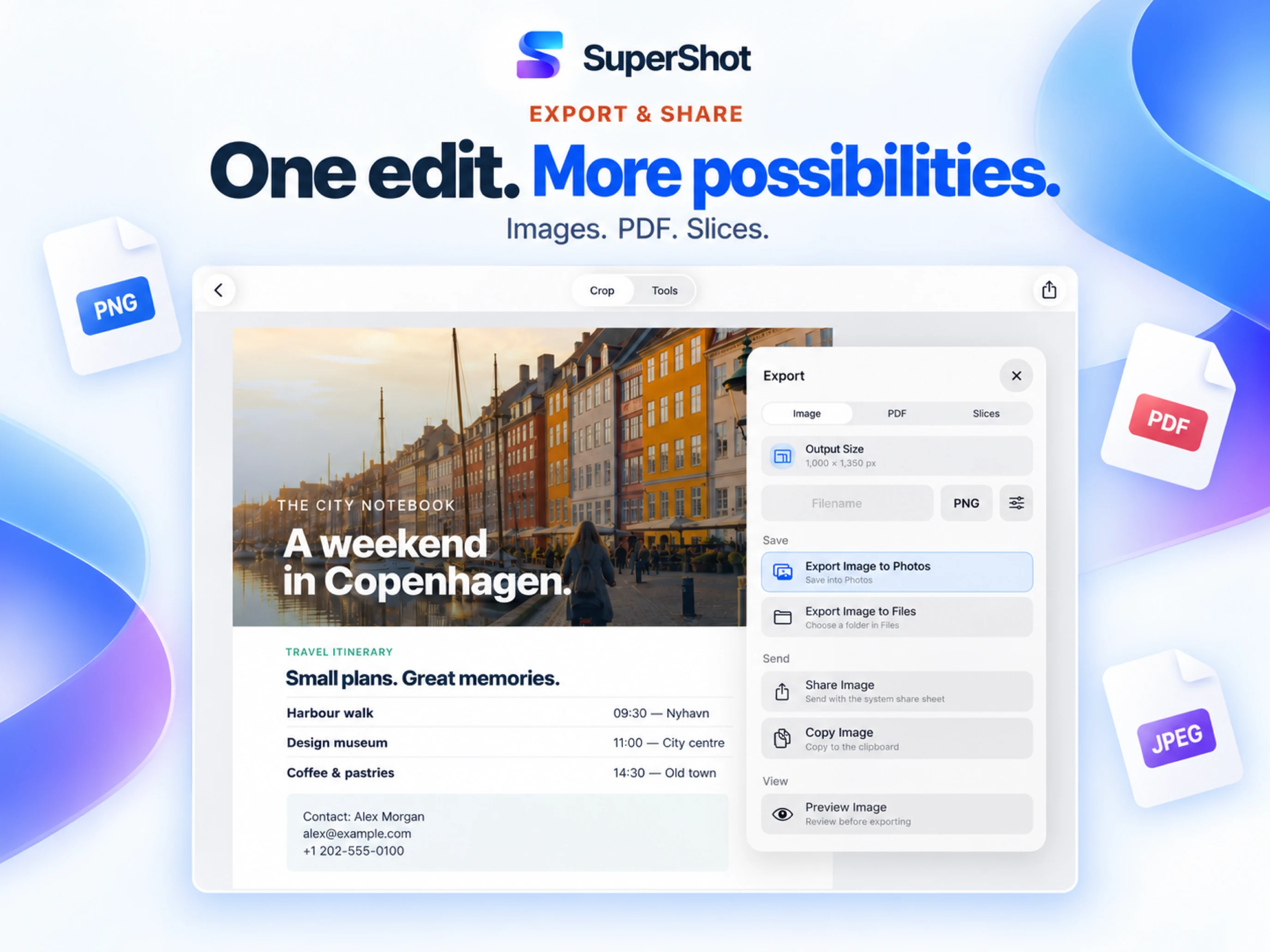 SuperShot · iPad · PREVIEW FREELY, CHOOSE HOW TO EXPORT