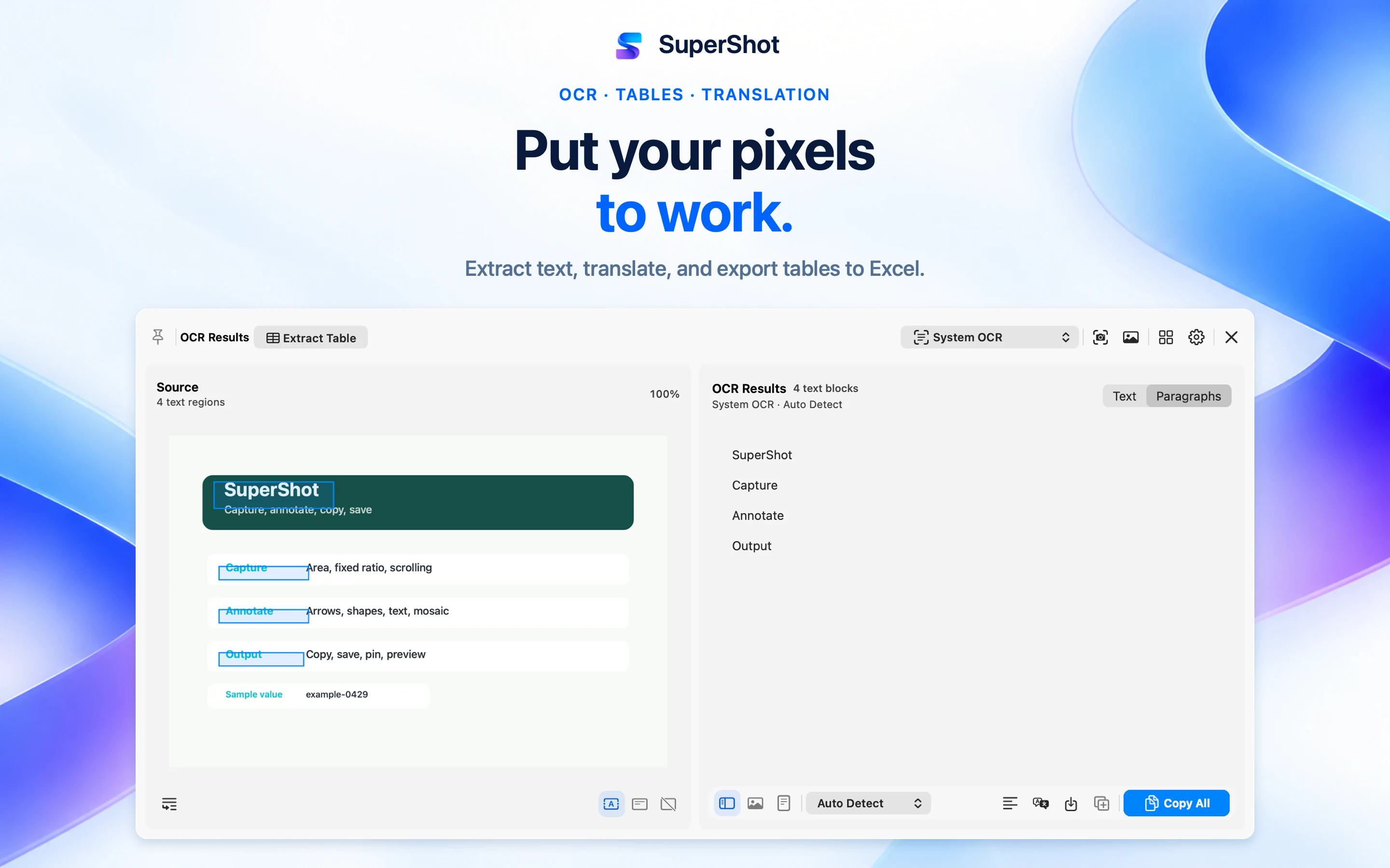 SuperShot · macOS · EXTRACT AND TRANSLATE TEXT