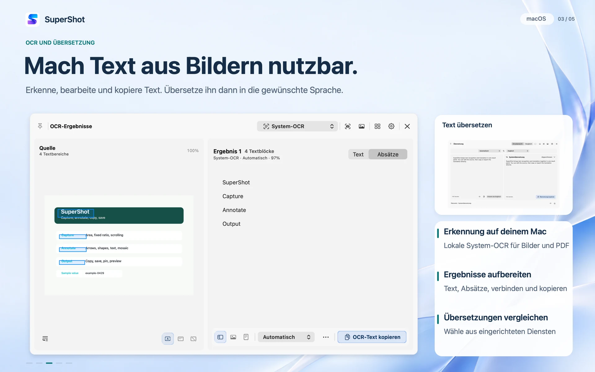 SuperShot · macOS · OCR UND ÜBERSETZUNG