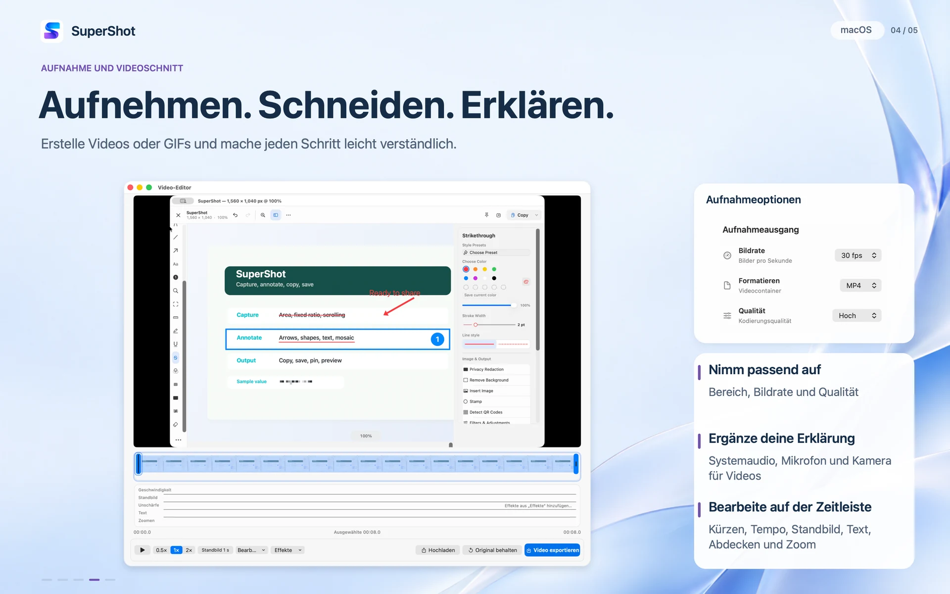 SuperShot · macOS · AUFNAHME UND VIDEOSCHNITT