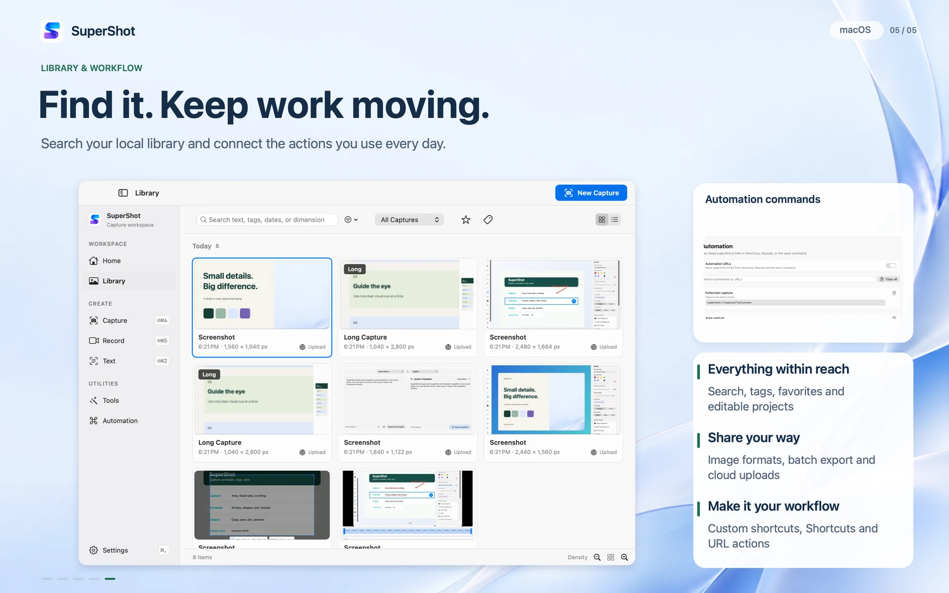 SuperShot · macOS · LIBRARY & WORKFLOW