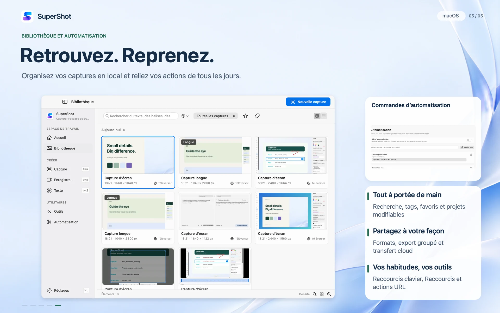 SuperShot · macOS · BIBLIOTHÈQUE ET AUTOMATISATION