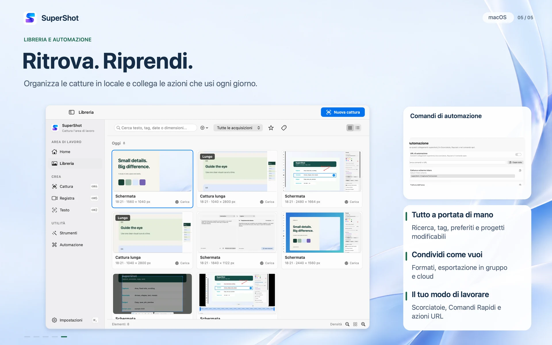 SuperShot · macOS · LIBRERIA E AUTOMAZIONE