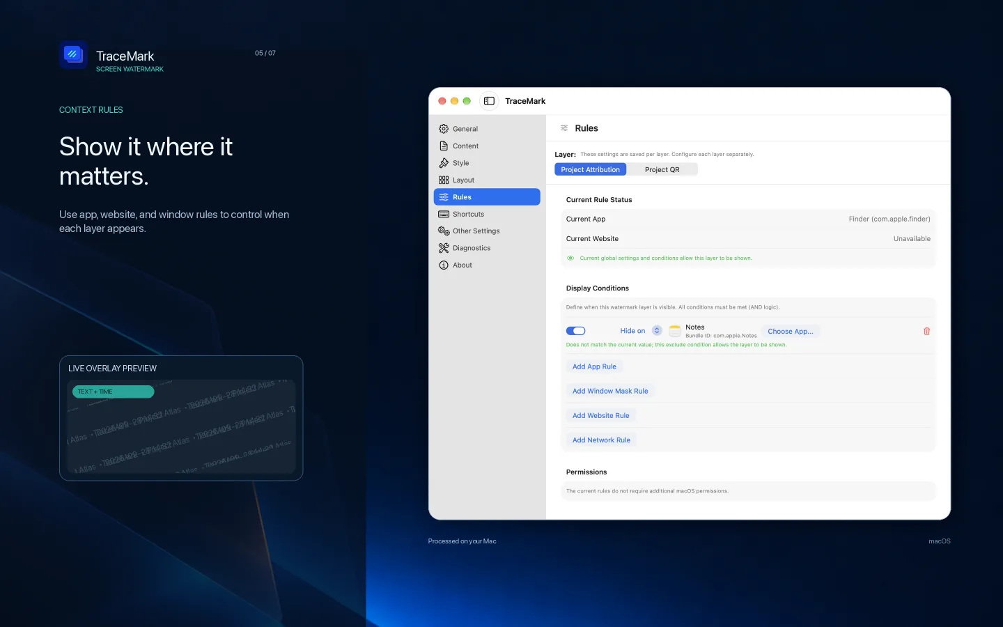 TraceMark · CONTROL WHERE IT APPEARS